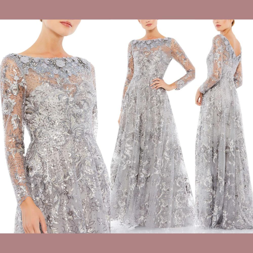 NEW $798 Mac Duggal [ 16 ] Floral Embroidered Illusion‎ Long Sleeve Gown #G1826